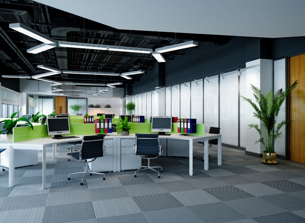 An office filled with low carbon technologies such as LED lighting.